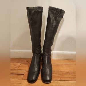 Prevata Tall Brown Nappa Leather Block Heel Pull-on Boot, Italy, Sz 9AA